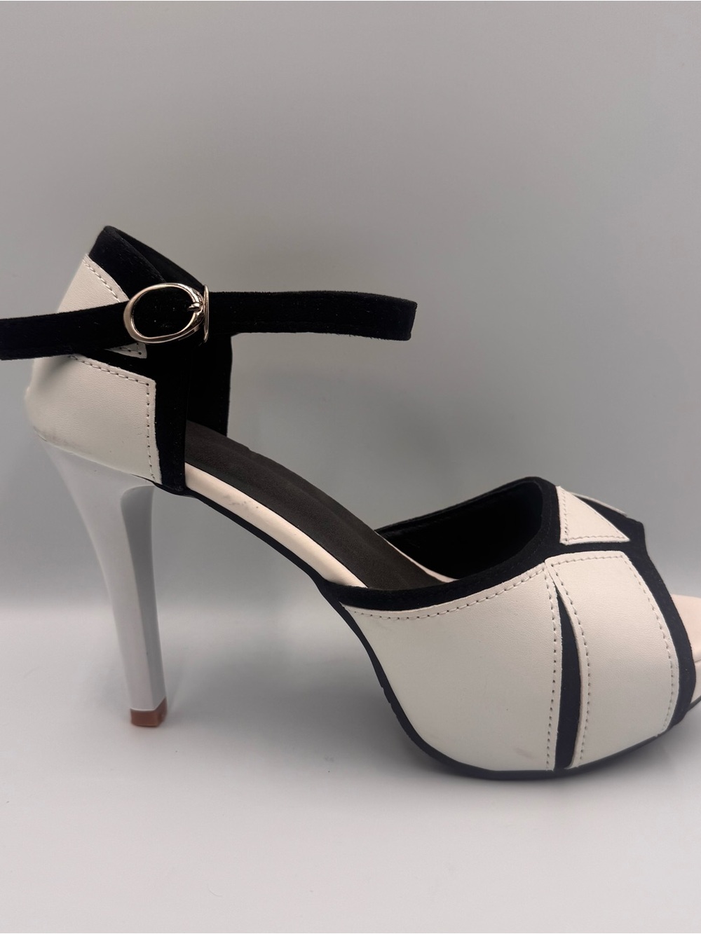 Women’s Two-Tone White and Black Ankle-Strap High Heel Sandals Size 40